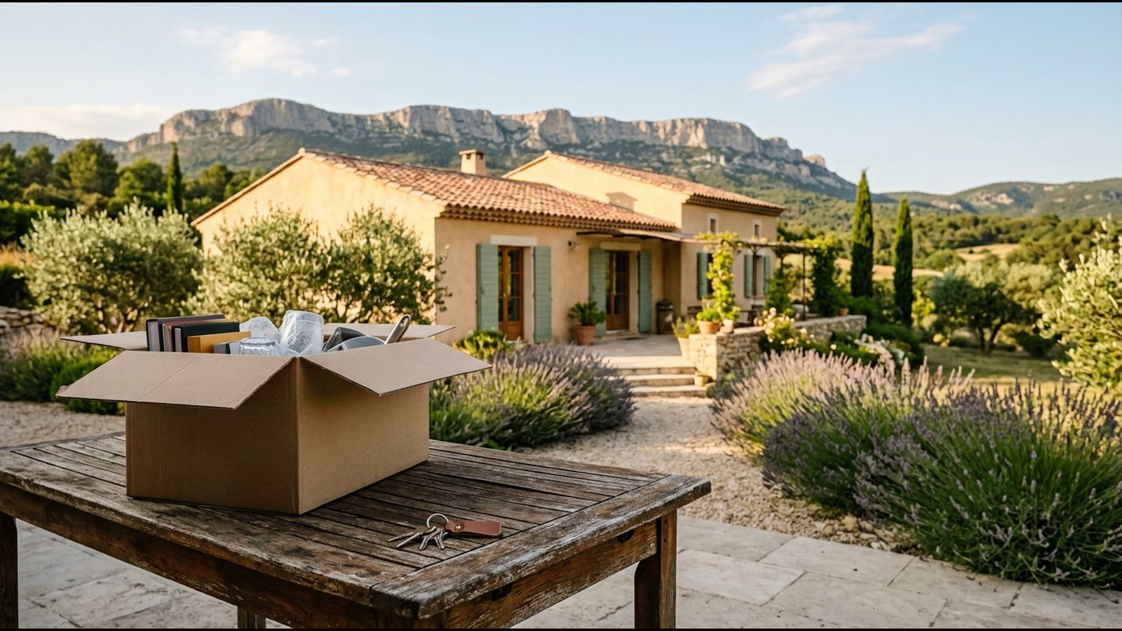 Clés et carton de déménagement devant une maison provençale : louer ou vendre sa résidence principale